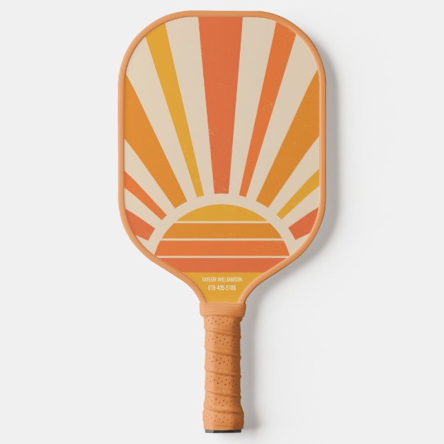 Cool Sunrise Retro Rays Custom Text Name Phone # Pickleball Paddle (Front)