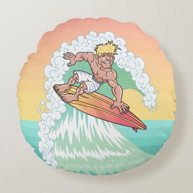 Cool Sunset Surfer Round Pillow (Front)