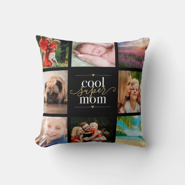 Cool Super Mom 8 Photo Collage Black And Gold Throw Pillow (Front)