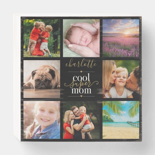 Cool Super Mom Personalized 8 Photo Collage Wooden Box Sign (Front Horizontal)