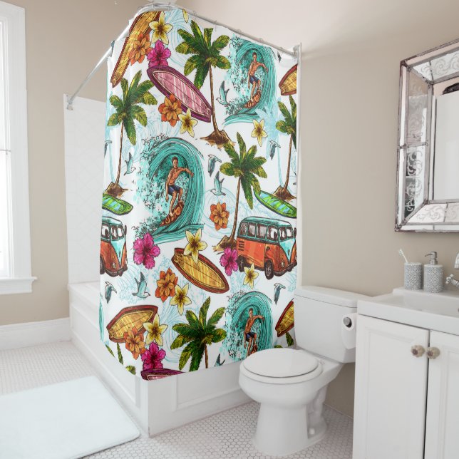 Cool surf beach pattern shower curtain (In Situ)