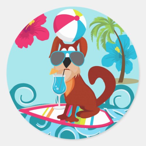 Cool Surfer Dog Surfboard Summer Beach Party Fun Classic Round Sticker