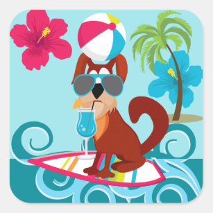 Cool Surfer Dog Surfboard Summer Beach Party Fun Square Sticker