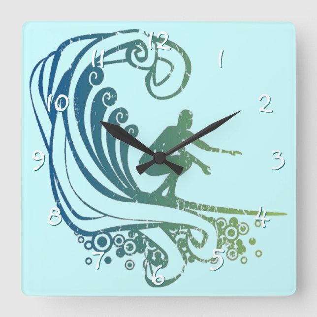 Cool Surfer Riding Teal Blue Ocean Waves Square Wall Clock (Front)