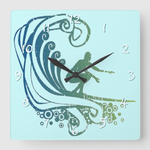 Cool Surfer Riding Teal Blue Ocean Waves Square Wall Clock