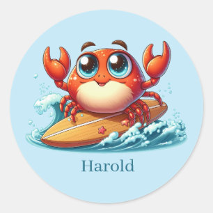 Cool surfing crab add name classic round sticker