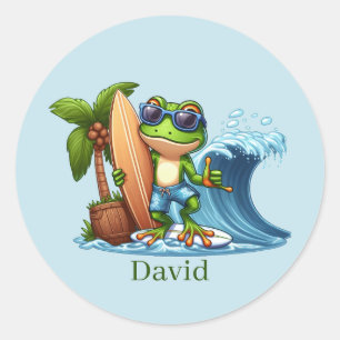 Cool surfing frog add name classic round sticker