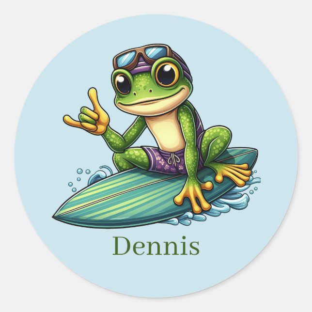Cool surfing frog add name classic round sticker (Front)
