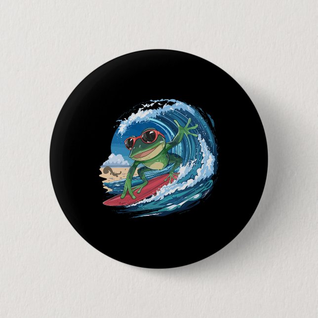 Cool Surfing Frog With Sungles And Waves For A Sur Button (Front)