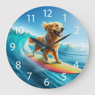 Cool Surfing Golden Retriever  Large Clock