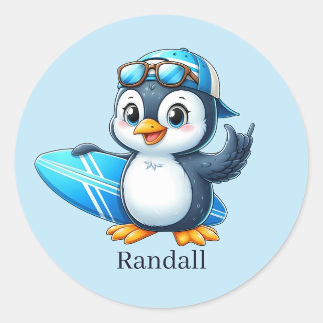 Cool surfing penguin add name classic round sticker (Front)