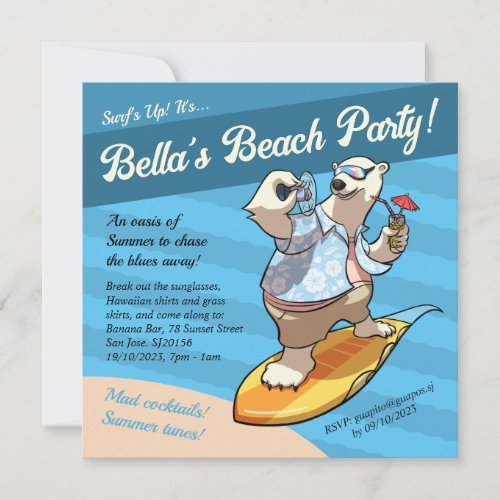 Cool Surfing Polar Bear Beach Party Cartoon Invitation