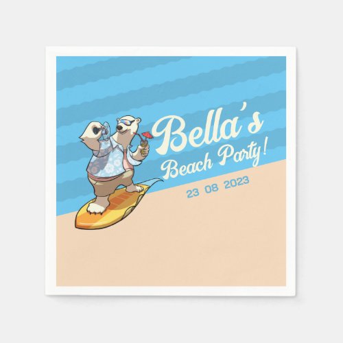 Cool Surfing Polar Bear Beach Party Cartoon Napkins
