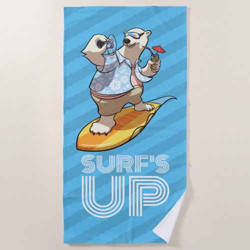 Cool Surfing Polar Bear with Cocktail Cartoon Beach Towel