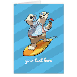 Cool Surfing Polar Bear with Cocktail Cartoon Cards