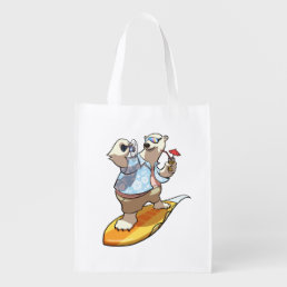 Cool Surfing Polar Bear with Cocktail Cartoon Grocery Bag