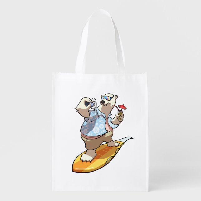Cool Surfing Polar Bear with Cocktail Cartoon Grocery Bag (Front)