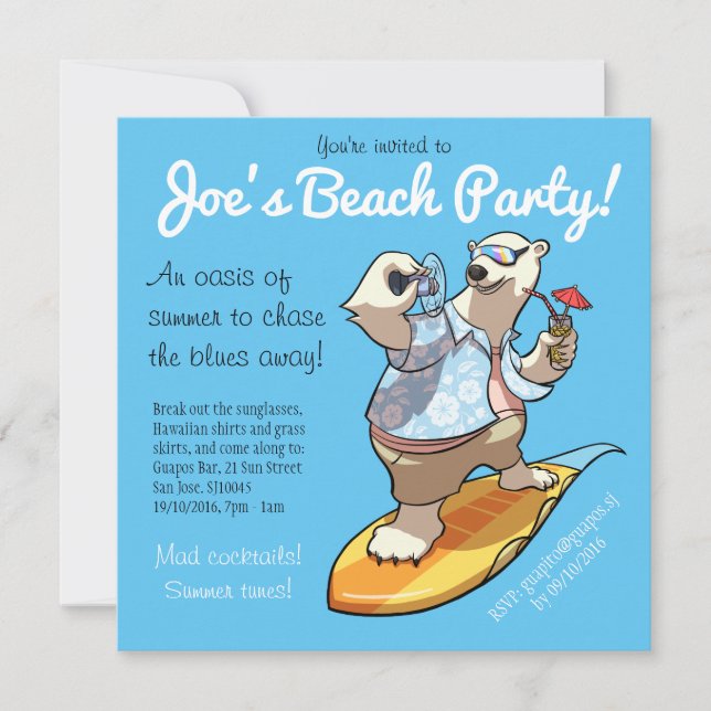 Cool Surfing Polar Bear with Cocktail Cartoon Invitation (Front)