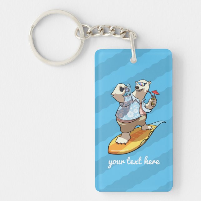 Cool Surfing Polar Bear with Cocktail Cartoon Keychain (Front)