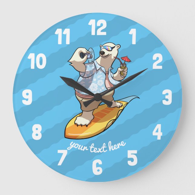 Cool Surfing Polar Bear with Cocktail Cartoon Large Clock (Front)