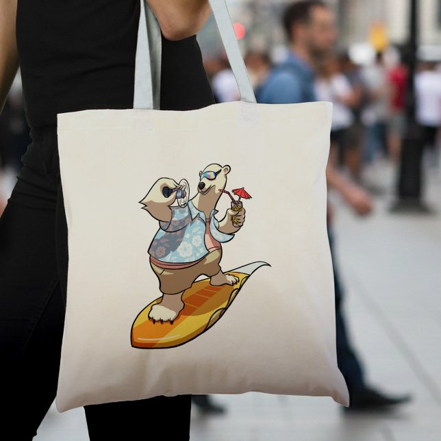 Cool Surfing Polar Bear with Cocktail Cartoon Tote Bag (Creator Uploaded)