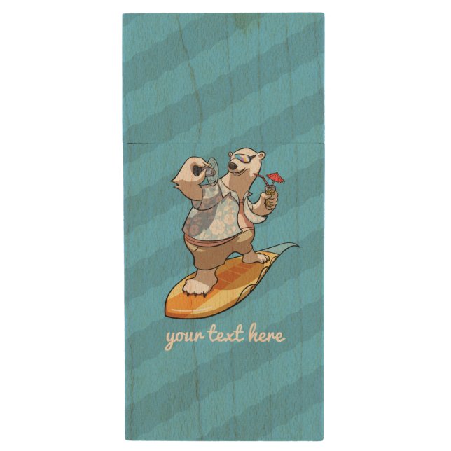 Cool Surfing Polar Bear with Cocktail Cartoon Wood Flash Drive (Front Vertical)