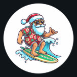 Cool Surfing Santa Christmas In July Summer Beach  Classic Round Sticker<br><div class="desc">Cool Surfing Santa Christmas In July Summer Beach Party</div>