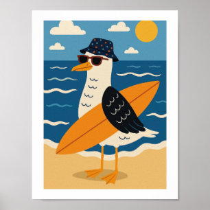 Cool Surfing Seagull Retro Beach Vacation Poster