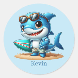 Cool surfing shark add name classic round sticker