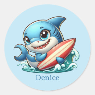 Cool surfing shark add name Classic Round Sticker