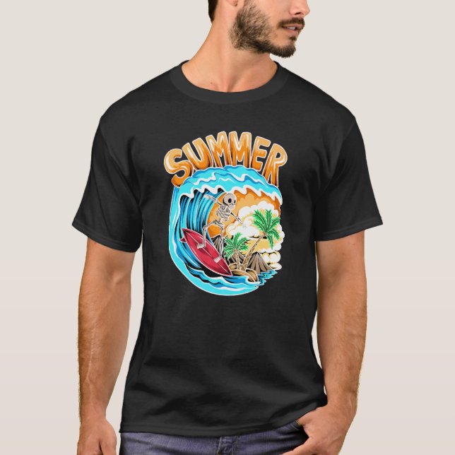 Cool Surfing Skeleton Surfer Swimmer Beach Waves W T-Shirt (Front)