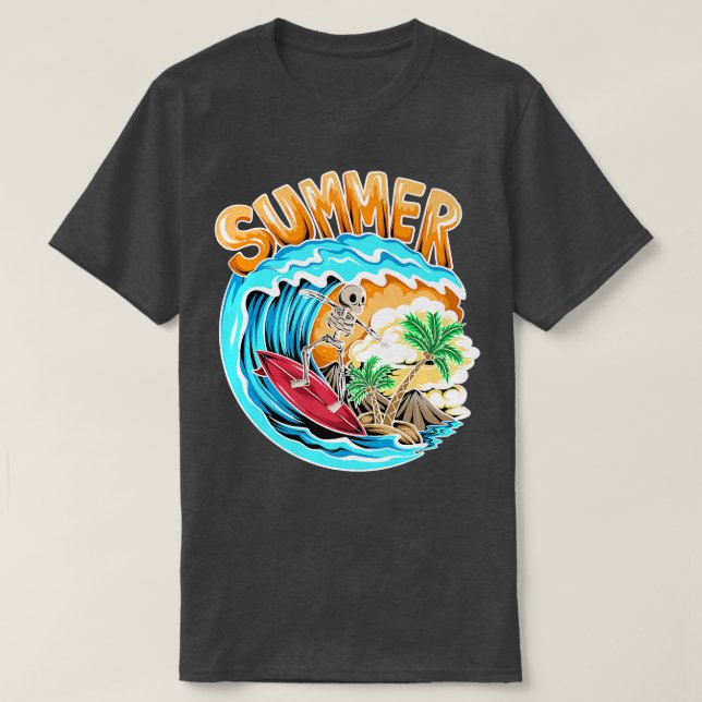 Cool Surfing Skeleton Surfer Swimmer Beach Waves W T-Shirt (Design Front)