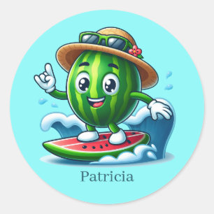 Cool surfing watermelon add name classic round sticker