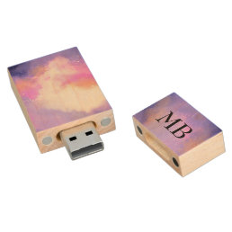 Cool Surreal Space Clouds Watercolor Monogram Wood USB Flash Drive