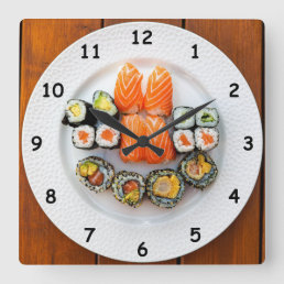 Cool Sushi and Salmon on a White Plate Square Wall Clock