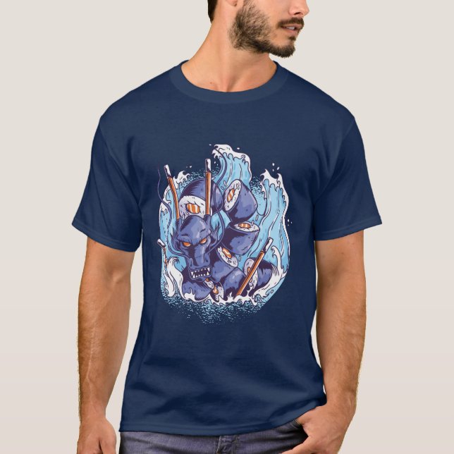 Cool SUSHI Dragon Graphics Japanese Food Manga T-Shirt (Front)