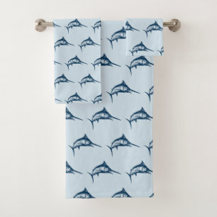 Cool Swordfish Blue Illustrated Pattern Bath Towel Set