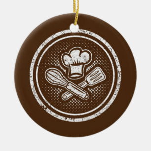 Cool symbol for chefs with chef hat and utensils ceramic ornament