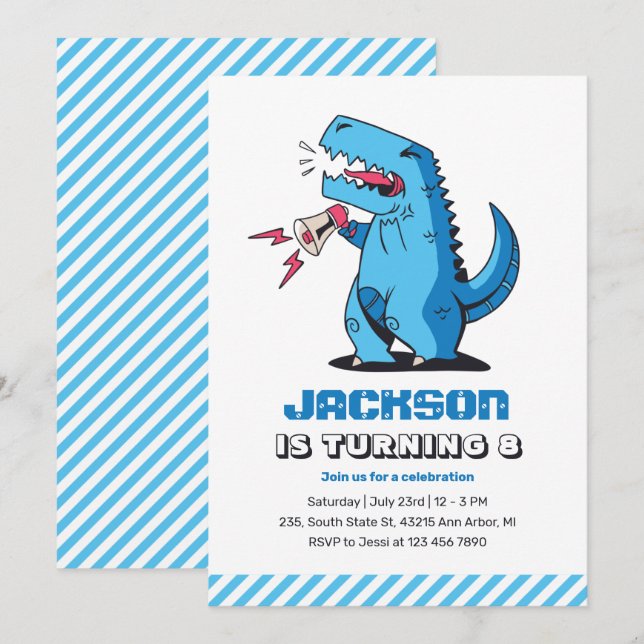 Cool T-Rex Cartoon Blue Dinosaur Kids Birthday Invitation (Front/Back)