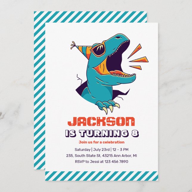 Cool T-Rex Dinosaur Boys Birthday Invitation (Front/Back)