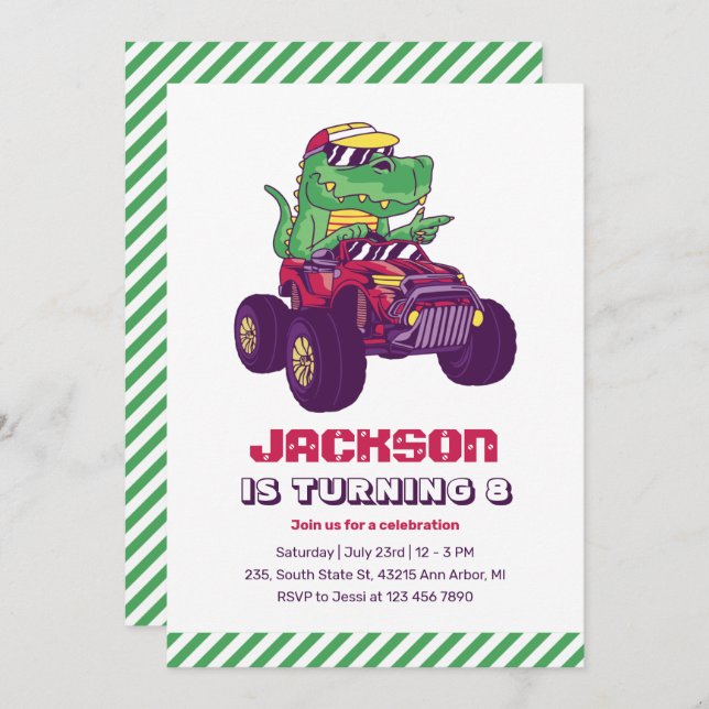 Cool T-Rex Monster Truck Dinosaur Kids Birthday Invitation (Front/Back)