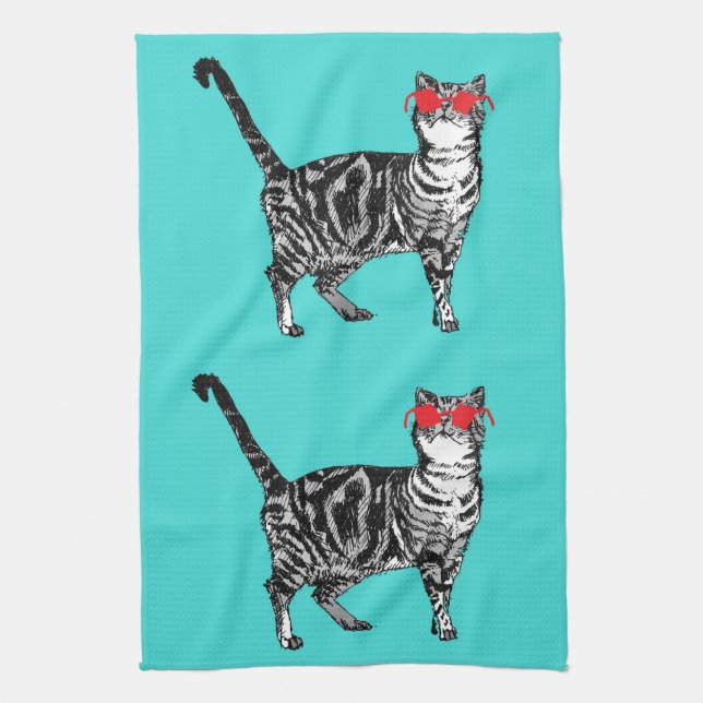 Cool Tabby Cat Sunglasses Aqua Kitchen Tea Towel (Vertical)