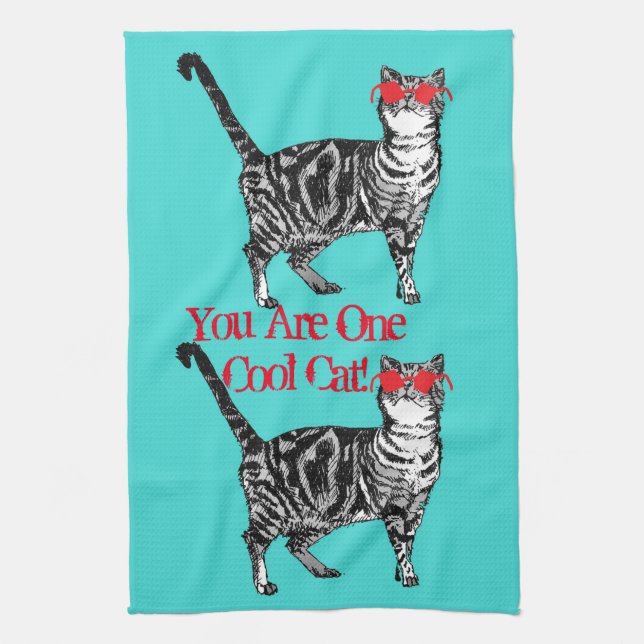 Cool Tabby Cat Sunglasses Aqua Kitchen Tea Towel (Vertical)