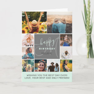 Cool teal birthday 10 photo collage grid monogram card