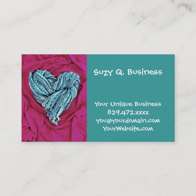 Cool Teal Blue Heart on Hot Pink Fabric Lovely Business Card (Front)