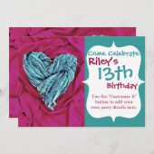 Cool Teal Blue Heart on Hot Pink Fabric Lovely Invitation (Front/Back)