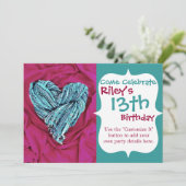 Cool Teal Blue Heart on Hot Pink Fabric Lovely Invitation (Standing Front)