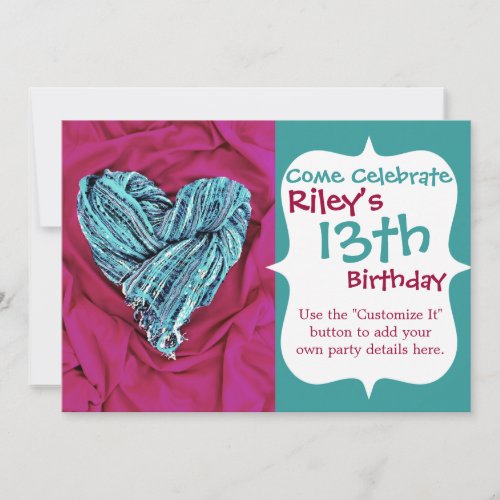 Cool Teal Blue Heart on Hot Pink Fabric Lovely Invitation