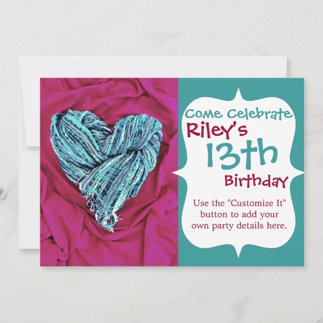 Cool Teal Blue Heart on Hot Pink Fabric Lovely Invitation (Front)