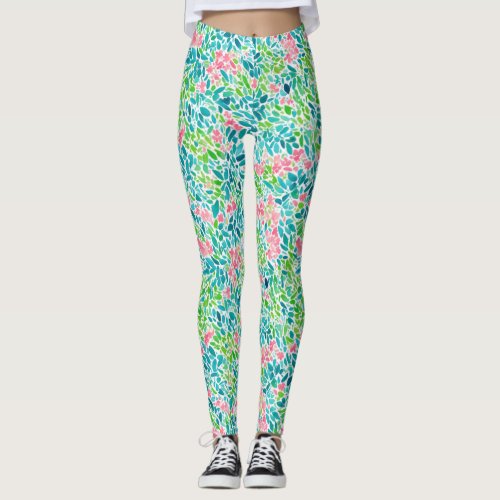 Cool Teal Floral Botanical Watercolor Pattern Leggings